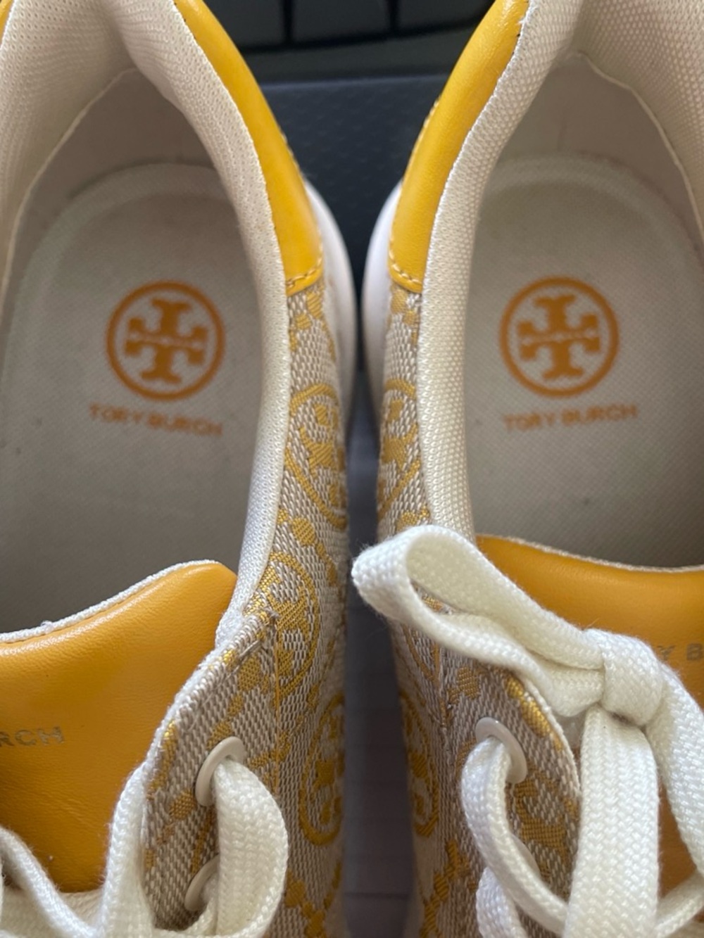 Tory Burch Cream and Mustard Logo Jacquard Sneakers - Picture 7 of 7